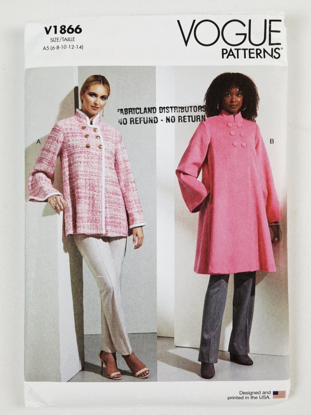Vogue 1866 Sz 6-14 Mandarin Collar ALine Swing Coat Jacket Flare Sleeves Pattern